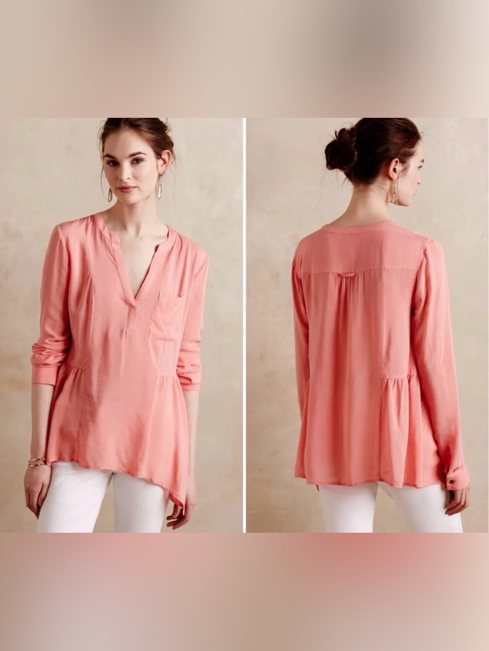 Maeve Anthropologie Laiken Henley Peplum Blouse Peach Sharkbite Hem Sz 0